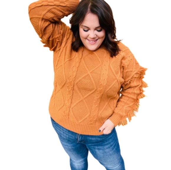 Haptics Orange Cable Knit Sweater with Fringe - Picture 4 of 5